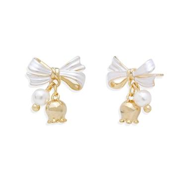 Imagem de Agriajun Brincos femininos com laço branco dourado e pérola lírio do vale, zircônia cúbica, brincos de laço simples, acessórios de formatura, casamento, férias, joias, presente, Latão, Sem pedra