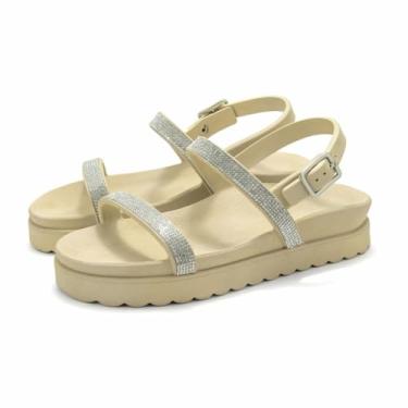 Imagem de Sandalia Papete de Strass Flatform Feminina Rasteirinha Tratorada Com Fivela Moderna Palmilha Macia Tamanho:34;Cor:Off White;Gênero:Feminino;Departamento BS:Esporte