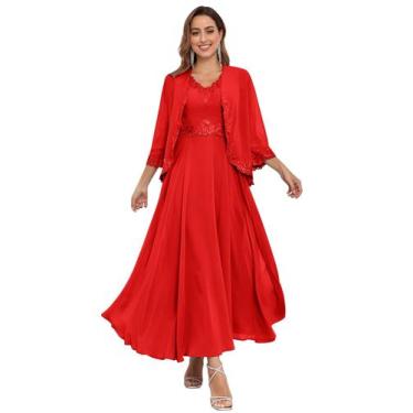 Imagem de Vestido Mãe da Noiva CDSSL Chiffon Vermelho Plus Size 20W