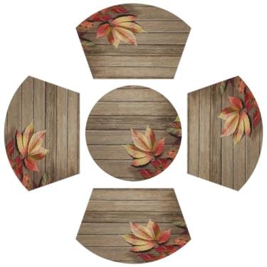 Imagem de Jogo americano de folha de bordo para mesas redondas, conjunto de 5, tapete de mesa de jantar com textura de madeira em forma de cunha com tapete de centro redondo resistente ao calor, tapetes de mesa