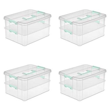 Imagem de Sterilite Caixa de armazenamento pequena de 2 camadas empilhável e carregar, transparente, pacote com 4
