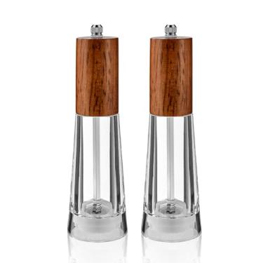 Imagem de Conjunto de moedor de sal e pimenta, moedor de pimenta acrílico com moedor de pimenta de madeira grossura ajustável, saleiro manual recarregável para cozinha, pacote com 2 (madeira escura)