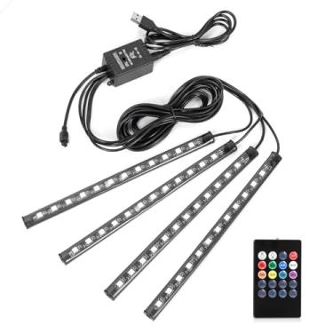 Imagem de Unifizz Fita de LED para carro de Natal, 4 peças, 48 luzes interiores de LED, faixa de luz multicolorida para carro, kit de iluminação sob o painel com função ativa de som e controle remoto, CC 5V