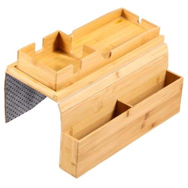 Imagem de Bandeja de suporte de copo de sofá, bandeja de bambu com clipe de sofá, suporte de braço de bambu natural, bandeja de mesa de sofá dobrável antiderrapante para bebidas, copo de celular, lanches