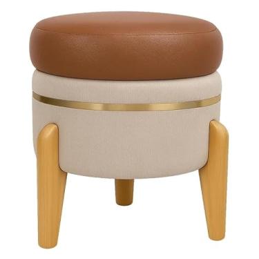 Imagem de Puff Max Luxor, Banqueta Decorativa com Fita Metalizada Dourada, Linho Bege, Courino Marrom, Pés em Madeira Maciça, 42x35cm