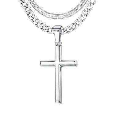 Imagem de Colar masculino com cruz de prata esterlina 925 - Colar com pingente de cruz de prata esterlina em camadas à prova d'água de aço inoxidável, elos cubanos, espinha de peixe, conjunto de colar de