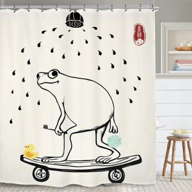 Imagem de Yookeb Cortina de chuveiro de banheiro engraçada sapo fofo 152 cm por 188 cm de altura, skate divertido, minimalista, infantil, tecido de poliéster, 12 ganchos de plástico, decoração à prova d'água
