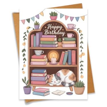 Imagem de PEONYNFOX Cartão de feliz aniversário para amantes de livros, leitores, amantes de leitura, nerds, viciados em livros, livros - Tamanho 16 x 12 cm em branco por dentro com envelope Kraft