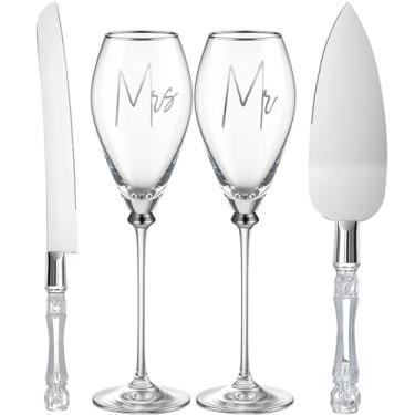 Imagem de Boao Conjunto de 4 peças de facas de bolo de casamento e taças de champanhe, suprimentos de recepção de casamento, taças de champanhe, conjunto de corte de bolo para presentes de noivado (prata)