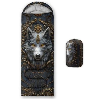 Imagem de QOOMO Sacos de dormir 3D Wild Wolf à prova d'água para adultos e crianças, sacos de dormir impressos para acampamento, clima quente e frio para 3 estações, leve, viagens e ao ar livre, equipamentos de