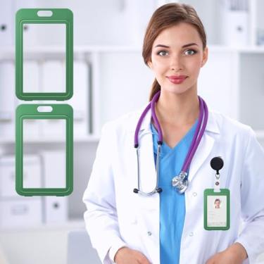 Imagem de Pacote com 3 porta-crachás de identificação com janela transparente dupla face, estojo protetor de cartão de plástico rígido vertical para funcionários de escritório, professores (verde)