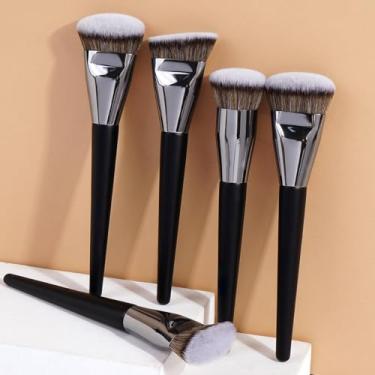 Imagem de Kit de pincel de base angular e plana de 5 peças, ferramentas profissionais de maquiagem facial com bolsa