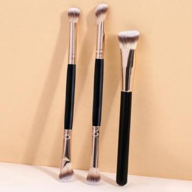Imagem de 3 pincéis de maquiagem para os olhos, pincel de base ultrafino, pincel de maquiagem avançado para misturar sombra, iluminador e maquiagem em pó (preto dourado)