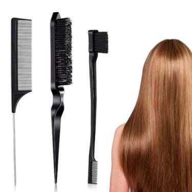 Imagem de Conjunto de 3 peças de penteado, escova de provocação, escova de borda, pente triplo, pente de cauda de rato para pentear o cabelo feminino (preto)