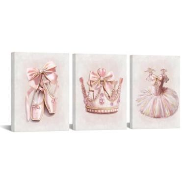 Imagem de KREATIVE ARTS Conjunto de arte de parede de balé rosa para quarto de meninas impressões em tela princesa coroa tutu vestido bailarina decoração para quarto de bebê banheiro esticado pronto para