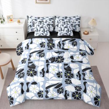 Imagem de Erosebridal Jogo de cama boêmio de meados do século, fofo, azul, branco, floral, patchwork, lençol de solteiro, geométrico, abstrato, moderno, em uma bolsa, vintage, estética e edredom