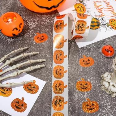 Imagem de Adesivos de abóbora de Halloween, 500 peças de adesivos à prova d'água em forma de abóbora a laser laranja brilhante adesivos autoadesivos para decoração de envelopes de festa de Halloween