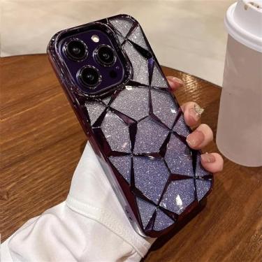 Imagem de Capa para iPhone 15 14 13 12 11 Pro Max Plus Glitter 3D Cubo Diamante Mármore Capa TPU Macia, Roxa, para iPhone 15