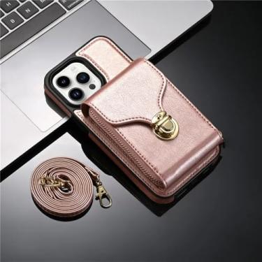 Imagem de Capa de telefone tipo carteira de couro com cordão crossbody para iPhone 15 14 Pro Max 13 12 11 XS XR X SE 2022 8 7 Plus Flip Stand Cover, ouro rosa, para iPhone 7Plus 8Plus