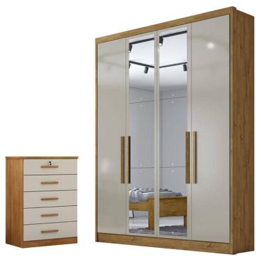 Imagem de Guarda Roupa Solteiro Sevilha com Nicho e Espelho com Gaveteiro Suiça com Chave Cumaru 25 Fendi - Novo Horizonte