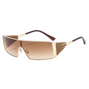 Imagem de HCPIHF Óculos de sol retangulares de armação grande de metal, feminino, luxuoso, vintage, masculino, punk, UV400 (dourado-marrom)