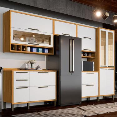 Imagem de Armário de Cozinha com Balcão e Tampo 12 Portas 4 Gavetas Pérola 100% Mdf Vidro Reflecta Amêndoa/Branco - Pnr Móveis