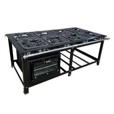 Imagem de Fogão Industrial de Centro 8 Bocas Duplas Cefaz Linha Gold Baixa Pressão Aço Carbono com Forno 100 Litros Tampa de Vidro C-CFZG-159+FRG-22