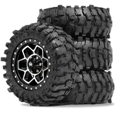 Imagem de REDSPIDER Metal 1.9'' Beadlock Wheels and Crawler Tires OD 88MM/3.46'' (4PCS) for 1/12 RC Crawler MJX H12Y+ MN-128 MN82S LC79 ﻿ (Black)