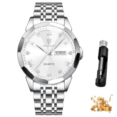 Imagem de Relógio masculino em aço inoxidável com mostrador e pulseira em aço inoxidável dourado e azul, data e cronômetro, ponteiros e marcadores luminescentes, movimento de quartzo em aço inoxidável, modelo 810 (para jovens)