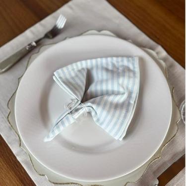 Imagem de Kit 8 Guardanapos em Algodão Premium 35 x 35 com bainha (Listras Azul e Marfim)