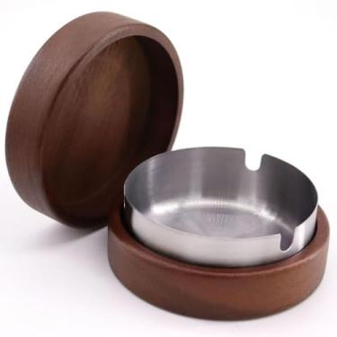 Imagem de Cinzeiro redondo elegante de madeira maciça com tampa – design compacto, forro interno de aço inoxidável, perfeito para casa, escritório, mesa de centro, hotel e mais – um presente de feriado
