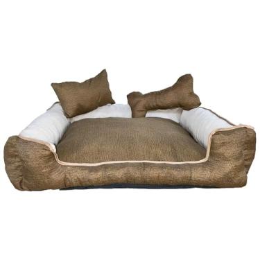 Imagem de Cama Pet Quadrada para Cachorro Pequeno, Impermeável, com Almofada e Ossinho, 40x40x15cm, Gorgurinho Maquinetado e Microfibra, Fundo em PVC (Avelã e Cacau)