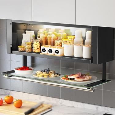 Imagem de Organizador de armário dobrável – Prateleira dobrável para armário de cozinha de 2 níveis com sensor de luz USB para armários suspensos de armário e despensa, D24 cm x 40 cm a 60 cm