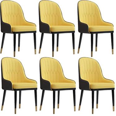 Imagem de Cadeiras de móveis de sala de jantar de cozinha conjunto de 6 cadeiras de couro PU à prova d'água com pernas de metal para cadeiras de sala de jantar e sala de estar (cor: amarelo + cinza)