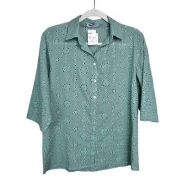 Imagem de Camisa Camisete Feminina Laise 100% Algodão Com Manga 3/4 Verde Plus Size Doce Brisa-Feminino