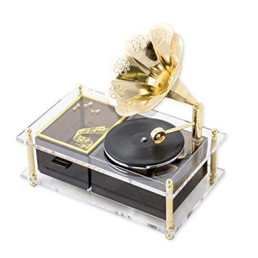 Imagem de Gramofone giratório musical com detalhes dourados, caixa de joias toca música da noite