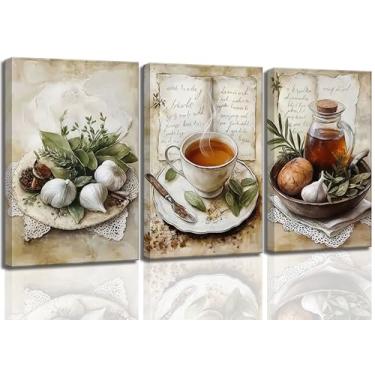 Imagem de 3 peças de arte de parede vintage de cozinha country rústica azeite de oliva e alho café chá de ervas pintura de imagem decoração de parede pôster impresso arte para cozinha, sala de jantar, decoração