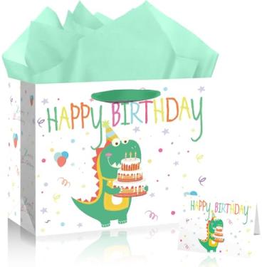Imagem de Cut-Nic Conjunto de sacolas de presente de feliz aniversário de dinossauro grande de 30,5 cm com alças, cartão comemorativo, papel de seda para meninos, meninas, festa de aniversário infantil, chá de