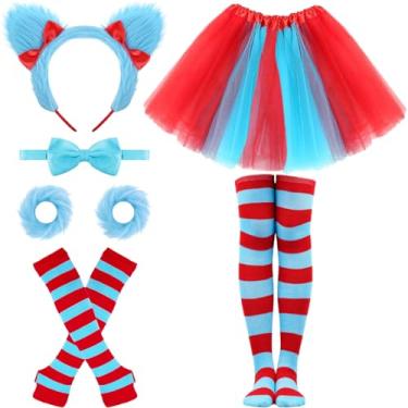 Imagem de WGOCAUK Fantasia Infantil Para O Dia Mundial Do Livro Com 6 Peças - Inclui Saia Tutu Vermelha E Azul, Faixa De Cabeça Felpuda, Pulseira Gravata Borboleta Luvas Listradas, Meias Até Joelho Centenário