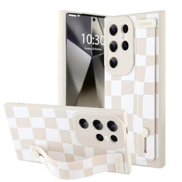 Imagem de OOK Capa de telefone compatível com Samsung Galaxy S24 Ultra silicone com alça, padrão xadrez moderno para mulheres e meninas, alça de dedo ajustável, capa protetora fina, xadrez branca