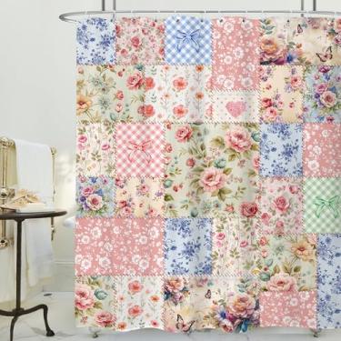 Imagem de AUWUUA Cortina de chuveiro boho rosa floral 35 x 48 pol/90 x 123 cm boêmia linda flores coloridas patchwork casa de fazenda, cortina de banheira retrô chique à prova d'água com ganchos