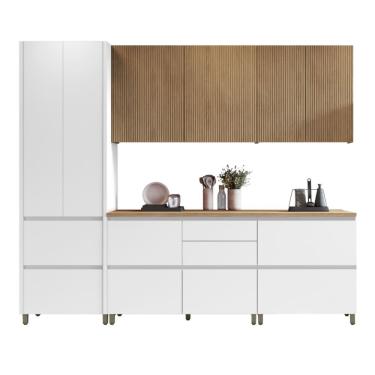 Imagem de Armário De Cozinha Completa 8 Portas 7 Gavetas 100% Mdf Raissa Nesher Branco / Madeirado
