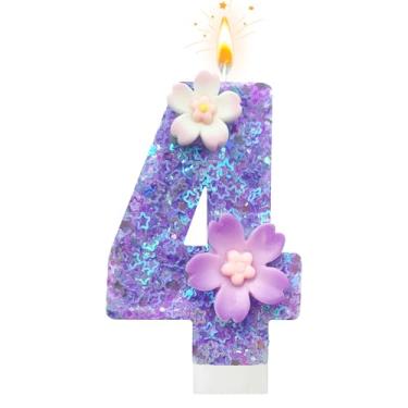 Imagem de Vela de aniversário de flor roxa, número 4 velas de aniversário para bolo, 4 velas para aniversário, decoração de bolos de aniversário, aniversário de casamento e outras celebrações (roxo 4)