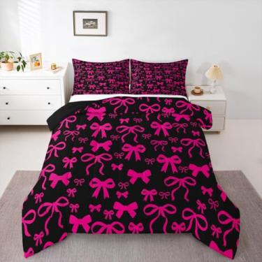 Imagem de jejeloiu Jogo de cama com estampa de laço fofo, solteiro, para crianças, meninos, meninas, princesa, gravata borboleta, preto, rosa choque, edredom para decoração de quarto, microfibra, 2 peças com 1