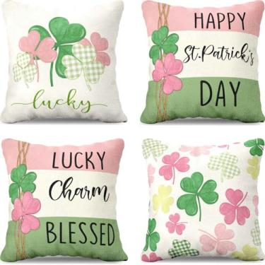 Imagem de LUVIVIHOME Capas de travesseiro de Dia de São Patrício, capas de almofada decorativas, trevo rosa da sorte, casa de fazenda, verde sálvia, buffalo, xadrez, trevo para sofá, decoração de casa, ao ar