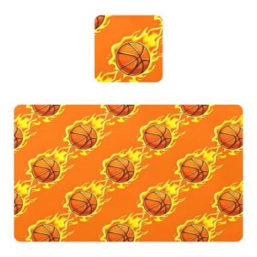 Imagem de Burbuja Jogo americano de bola de basquete com chamas de desenho animado para mesa de jantar, tapetes de mesa de cozinha antiderrapantes resistentes ao calor, fácil de limpar, 30 x 45 cm