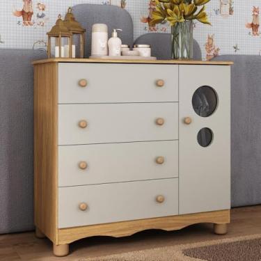 Imagem de Cômoda Infantil 95cm 1 Porta com Vidro e 4 Gavetas Suspiro Multimóveis Mp4459 Madeirado/off White