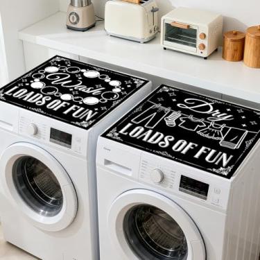 Imagem de GLOBLELAND 2 peças de capa protetora de máquina de lavar e secar texto vintage 60 × 23 cm "cargas de diversão" almofadas protetoras de máquina de lavar antiderrapantes capas superiores de máquina de