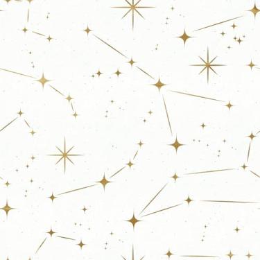 Imagem de VaryStyle Papel de parede estrela dourado bege 45 cm x 998 cm, descasque e cole o céu noturno, espaço e galáxia, papel de parede bege amigável para gavetas, papel de parede de vinil à prova d'água