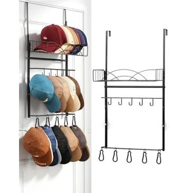 Imagem de Snuvid Suporte de metal para chapéus de beisebol - Suporte para chapéus de parede de 3 níveis com uma cesta de metal, 5 ganchos e 5 ganchos móveis, comporta até 40 tampas para porta, quarto e armário